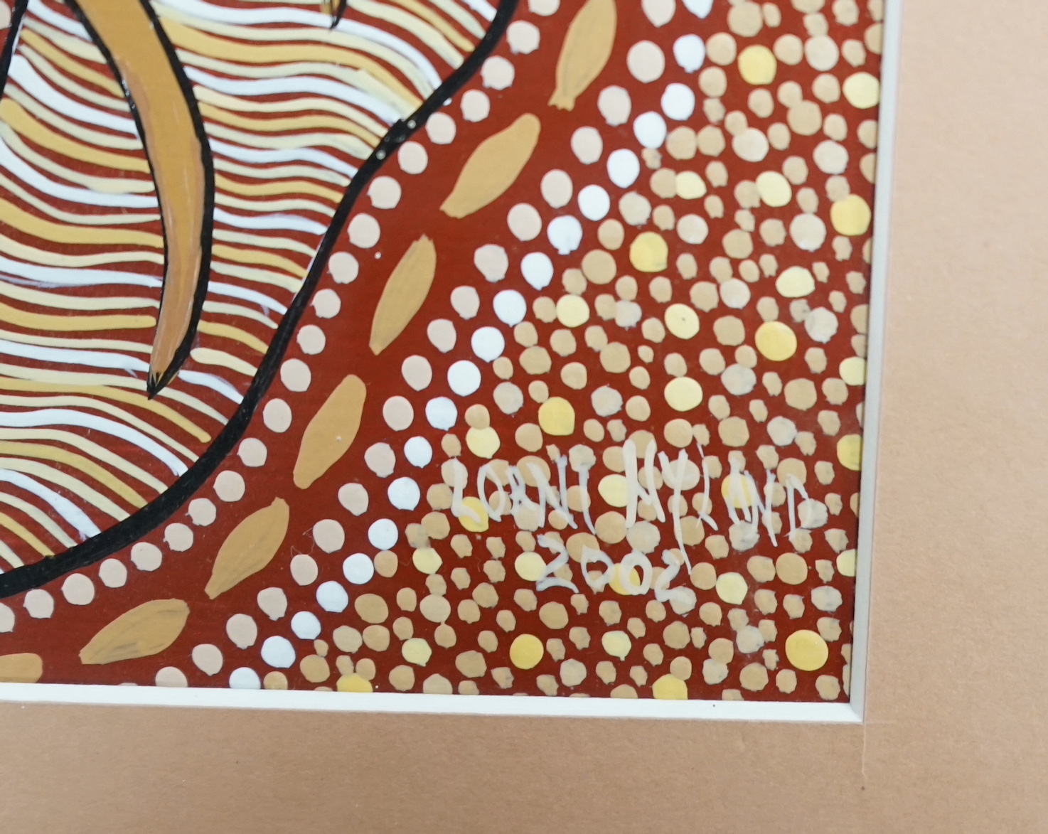 Lorni Hyland (20th. C), mixed media, Aboriginal dot painting, Five surreal figures, signed and dated 2002, 25 x 18cm